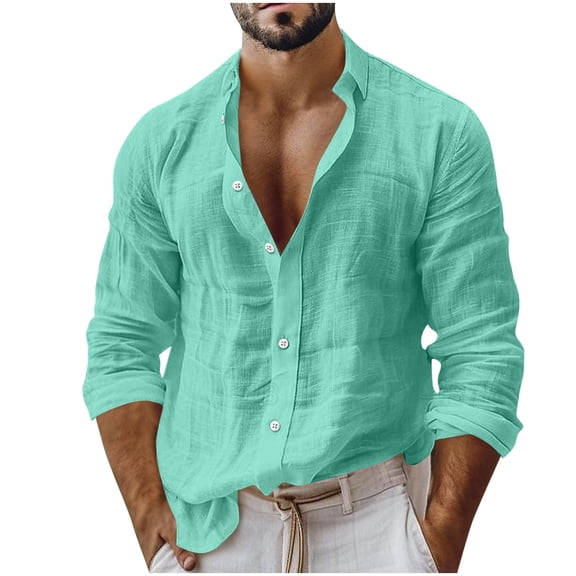 Ohufall Men's Shirts Cotton Linen Turndown Collar Button Top Long Sleeve Fashion Comfort Casual Tshirts
