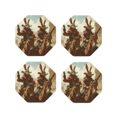 

Matuu Western Rabbit Cowboy for Cup Coasters Set of 4 Leather Coasters Desk Coasters for Office Measures 4” x 4”-Octagon