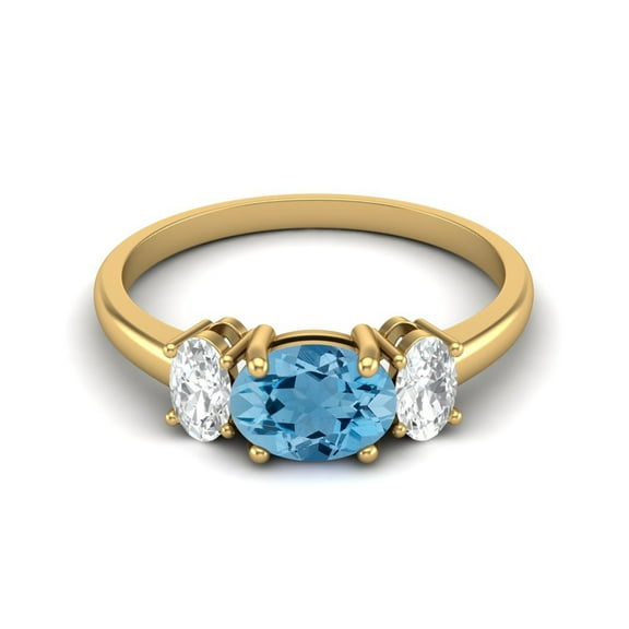 1.50 Cts Swiss Blue Topaz 925 Sterling Silver Gold Vermeil Three-Stone Past, Present and Future Ring