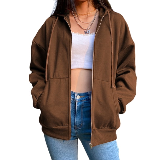 Chaqueta Sudadera básica para mujer, corte holgado, con capucha, estilo informal, con cremallera, ropa de calle, traje Ygjytge Cafés para Mujer