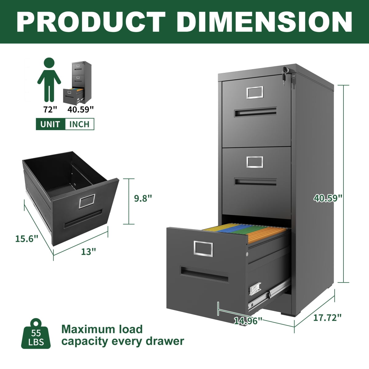 3-Drawer Lockable Metal Vertical File Cabinet - Narrow Design for A4/Legal/Letter Sizes (Home/Office)