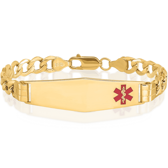 14K Solid Yellow Gold Medical Alert Curb Link Name Bar Identification ID Bracelet