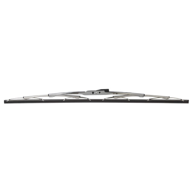 limpiaparabrisas marinco 34022s deluxe ss de 22 pulgadas limpiaparabrisas de acero inoxidable de 22 in, vista frontal centrada con armazón metálico curvado y escobilla de silicona negra en la parte inferior; montura central con adaptador visible, indicado para parabrisas curvos o planos y recomendado reemplazo cada 6 meses; también suele emplearse en aplicaciones marinas.