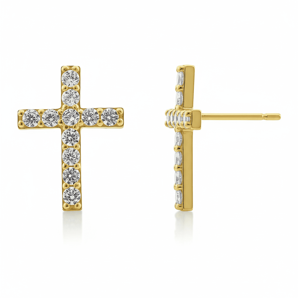 Vinali 14K Solid Yellow Gold Cz Tiny Cross Stud Earrings