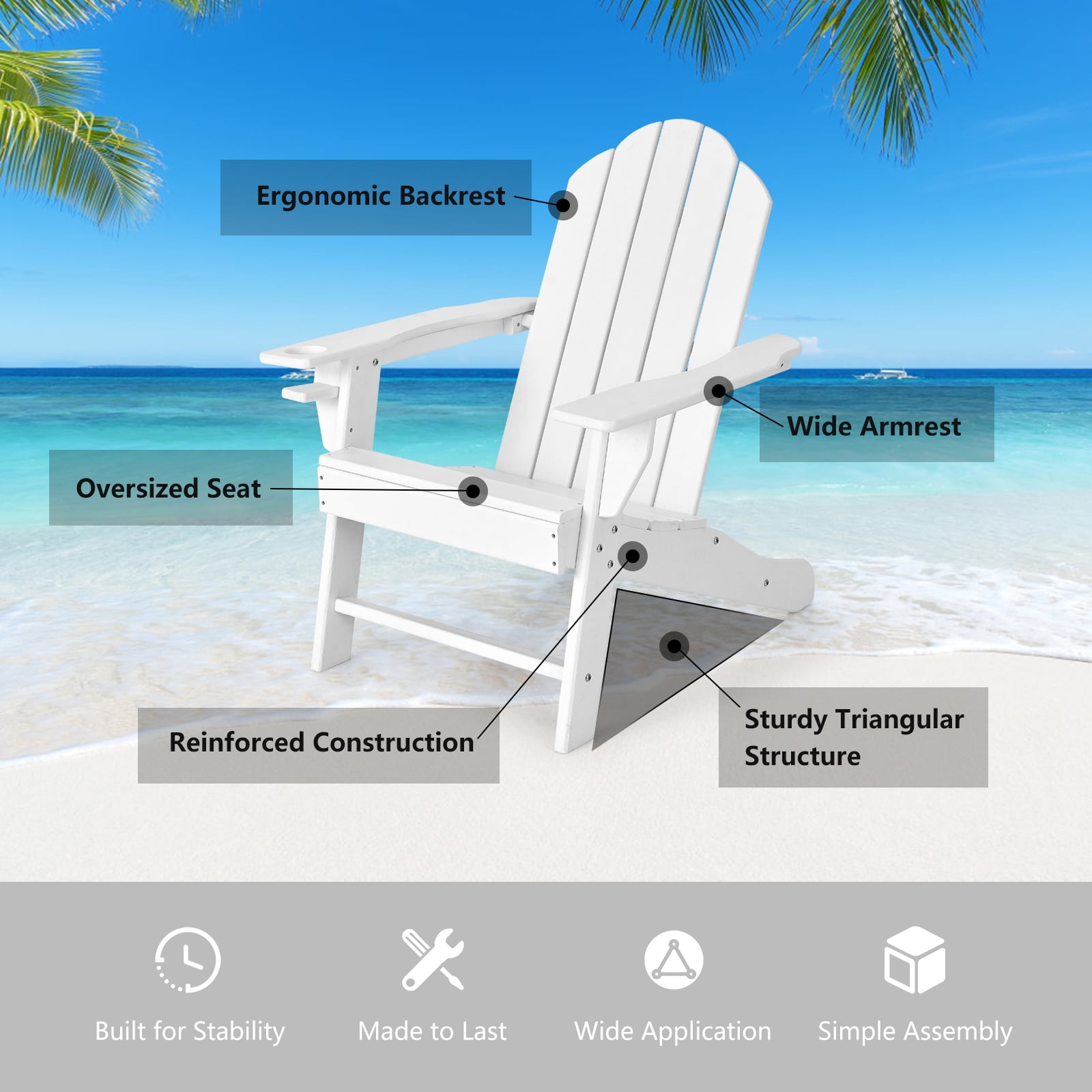 Patiojoy 2PCS Adirondack Chair Outdoor with Cup Holde Weather Resistant Lounger Chair for Backyard Garden Patio and Deck White