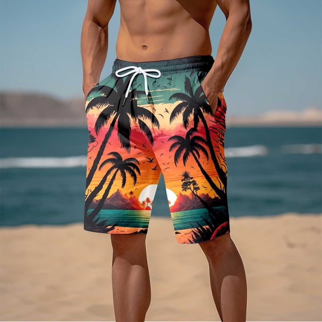 Men's Board Shorts - Beach Pants Casual 3D Printed Seaside Coconut Tree Sunset Designed for Men