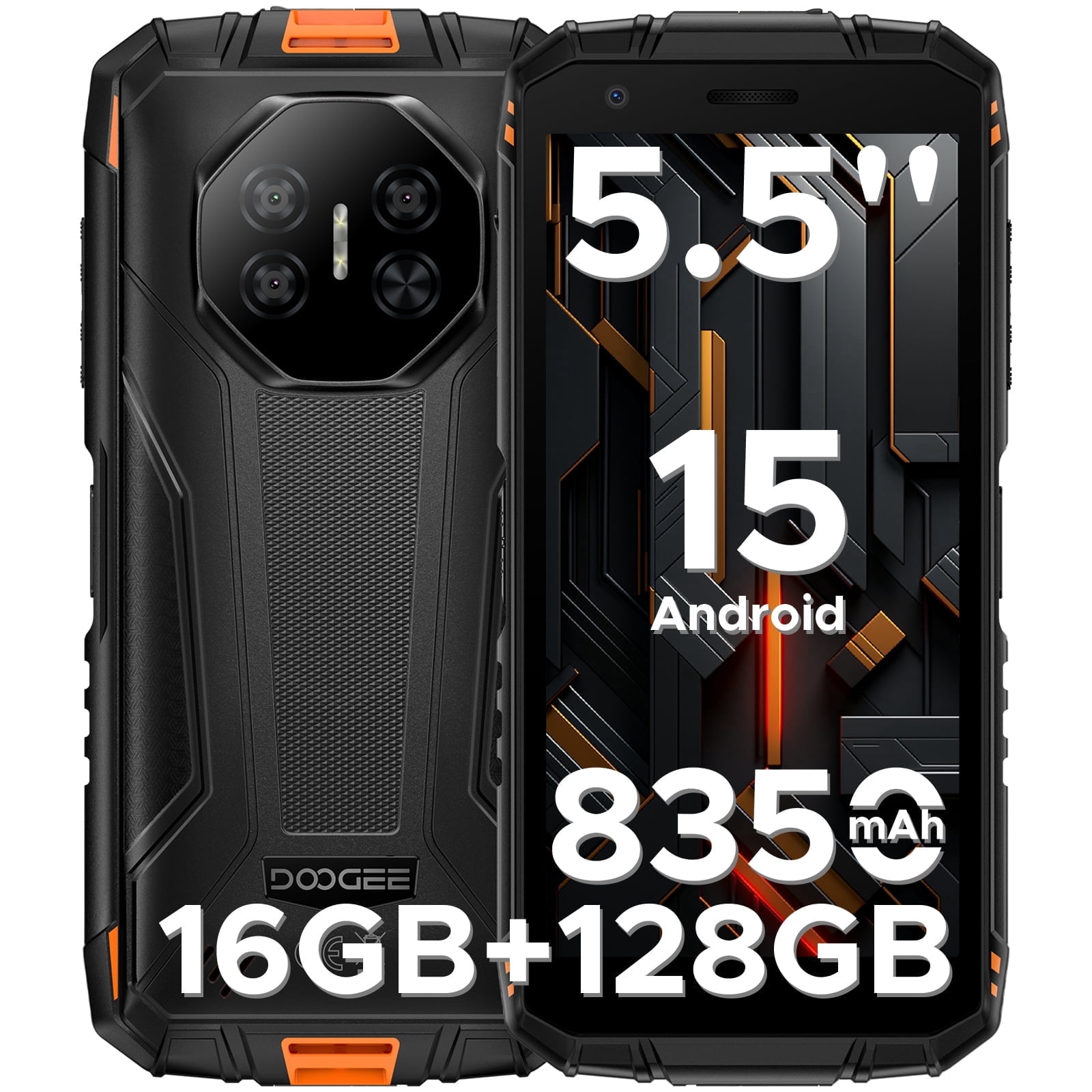 DOOGEE Fire 3 Pro Rugged Phone Unlocked,16GB+128GB/2TB,8350mAh/18W,5.5"HD+ IPS,Android 15,IP68/IP69K Waterproof,Widevine L1/NFC/Face ID/GPS