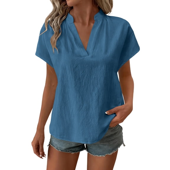 GUACER Womens Short Sleeve Tops Trendy Cotton Linen V Neck Relaxed Fit Casual T Shirts