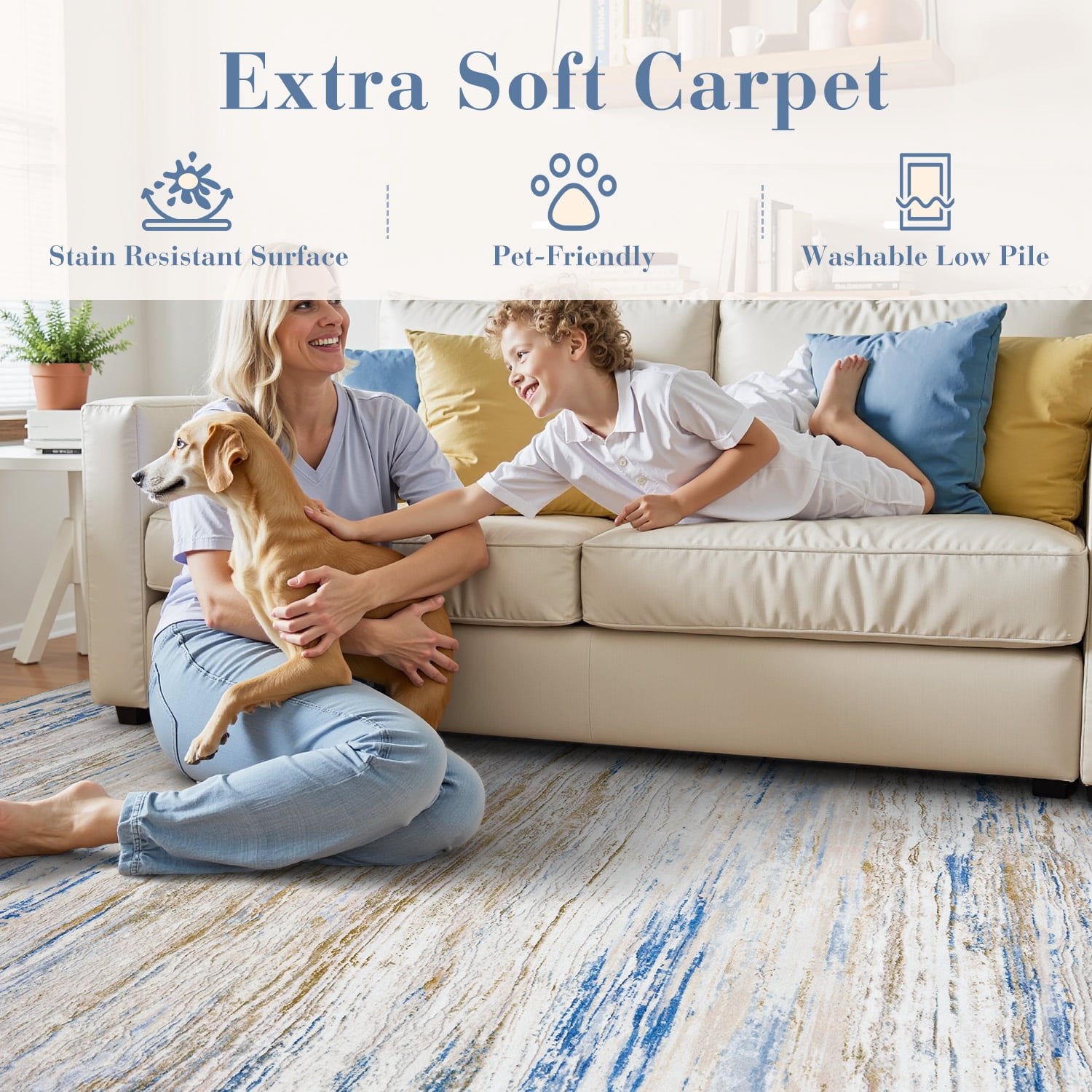 VUNATE 8'x10' Area Rugs for Living Room Abstract Washable Modern Carpet Non Slip Soft Indoor Throw Rug for Bedroom Dining Room Blue