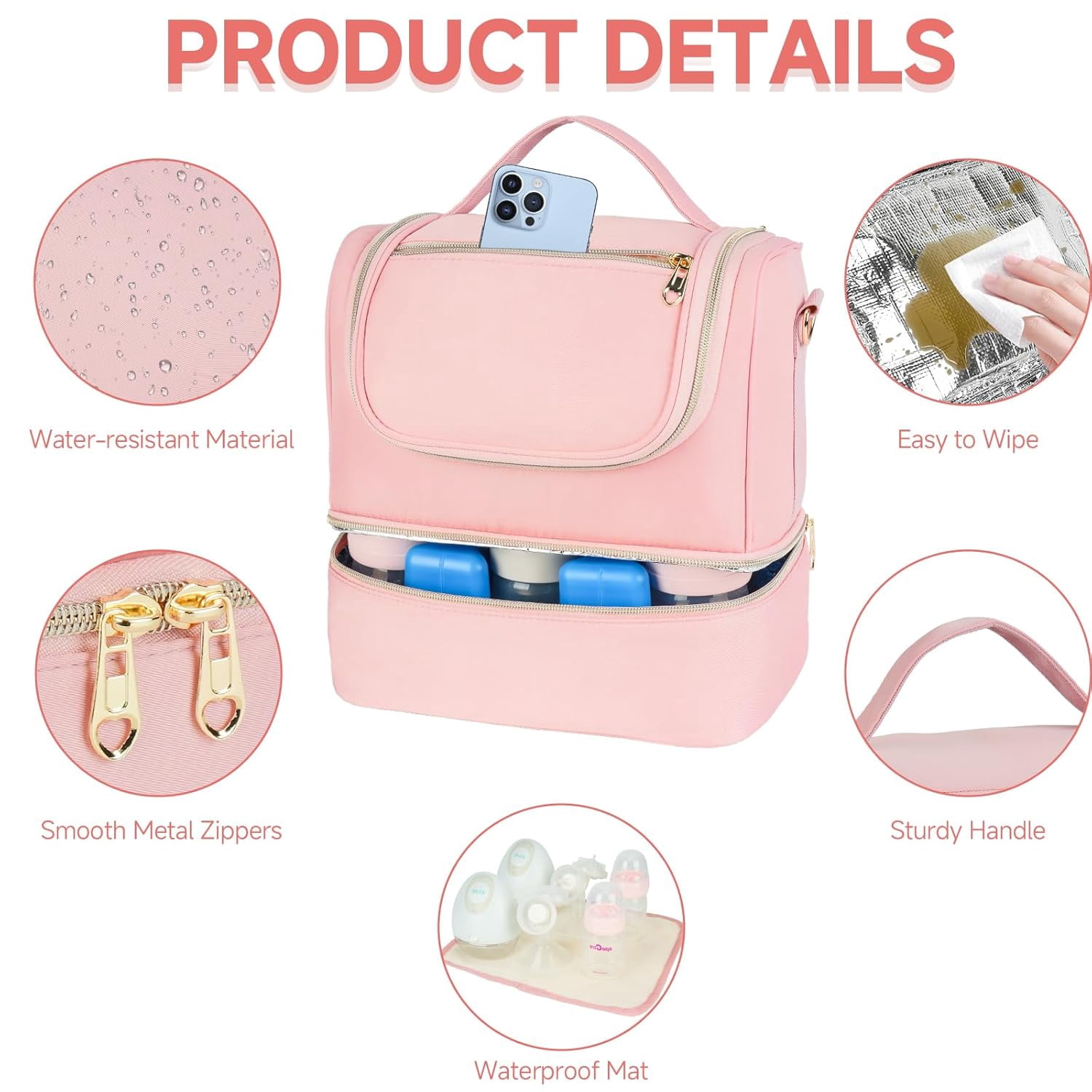 Wearable Breast Pump Bag with Cooler Compartment Fits for Willow/Elvie/Momcozy M5/S12 Pro/Medela, Breast Milk Travel Tote Bag with Ice Pack & Waterproof Mat,Pink
