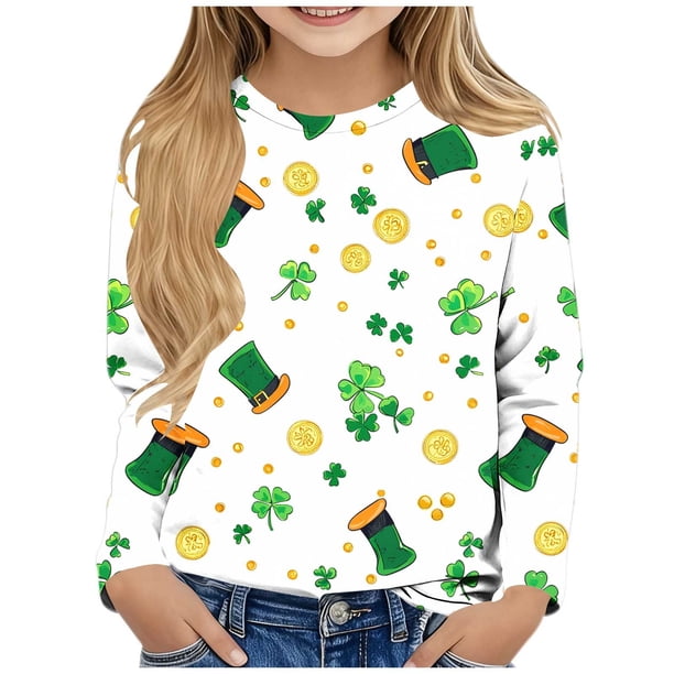 Blusas y camisas de manga larga con cuello redondo y estampado de San Patricio para niños, blusa informal de manga larga con cuello redondo, blusa de poliéster para niñas