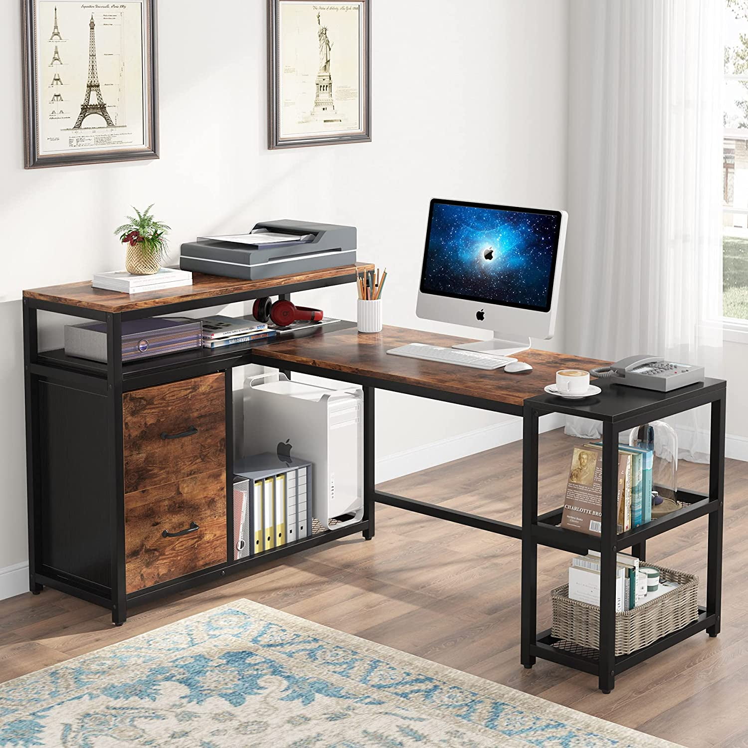 Tribesigns L Shaped Desk With File, Large Corner Desk With Filing Cabinet
