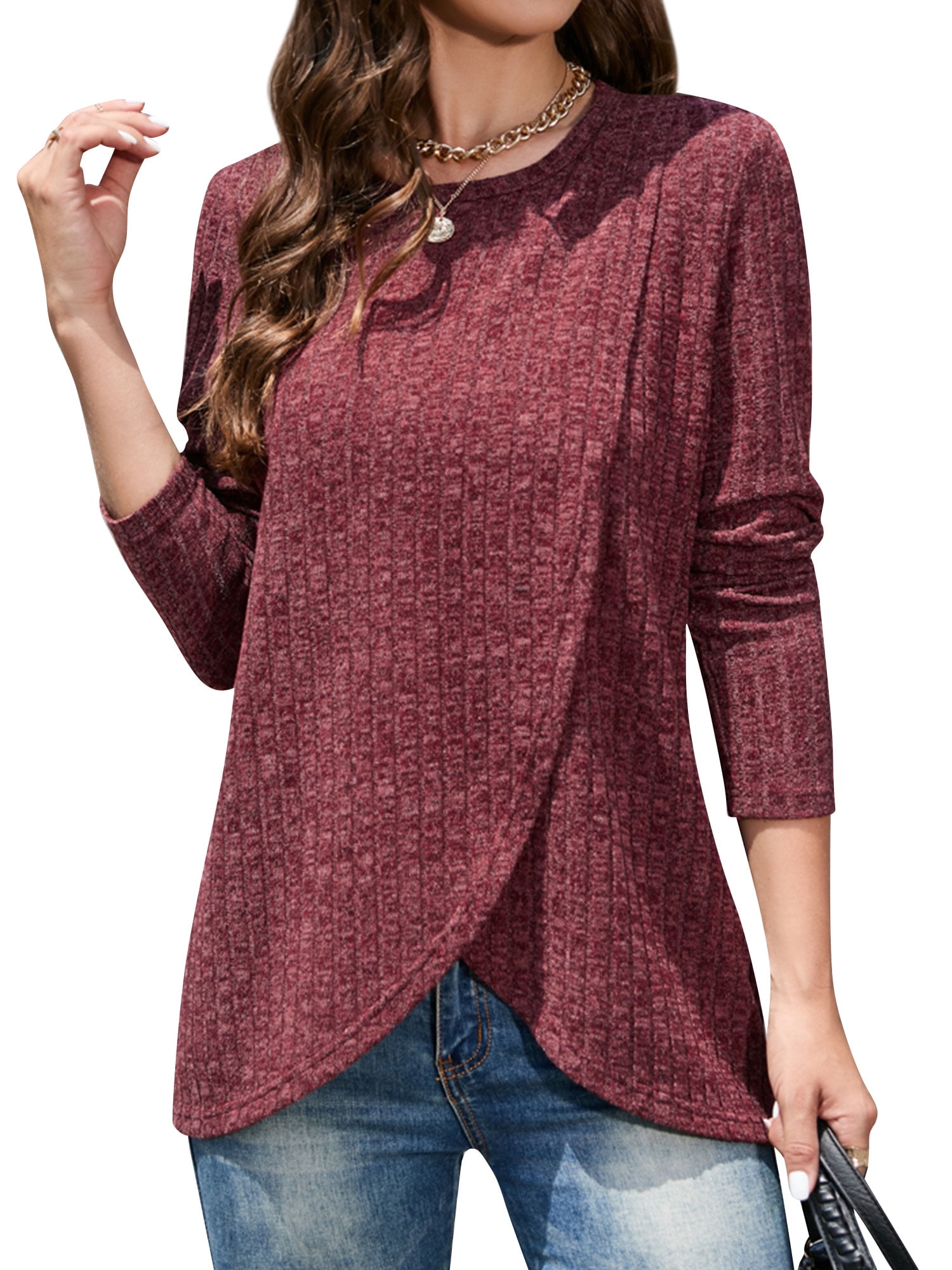 ZXZY Women Knitted Front Split Crew Neck Long Sleeve Solid Color Top