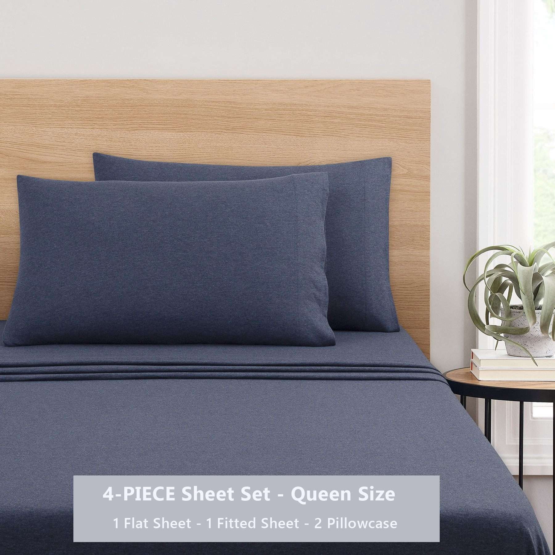 Mainstays Cotton Rich Extra Soft Jersey Bed Sheet Set, Queen, Blue Cove, 4 Pieces