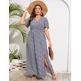 thumbnail image 2 of Large Size Women's Summer Floral Dress Wrap V Neck Short Sleeve Ruffle A-Line Flowy Maxi Wedding Guest Dresses, 2 of 8