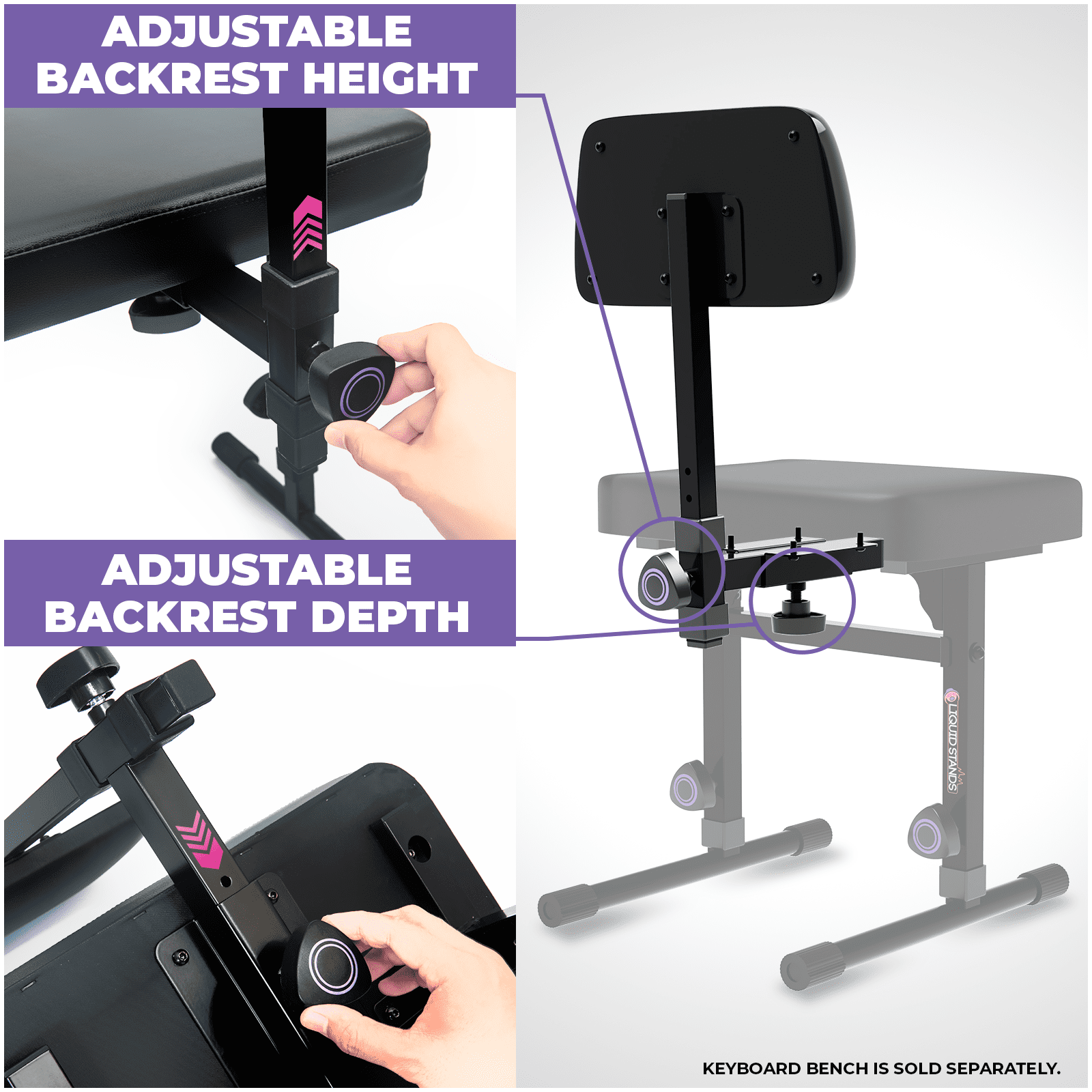Liquid Stands Adjustable Backrest ONLY for Piano Keyboard Bench MS1083 and MS1086 - Music Keyboard Bench Seat for Keyboard Stand Musicians Piano Stool Chair - Backrest Only