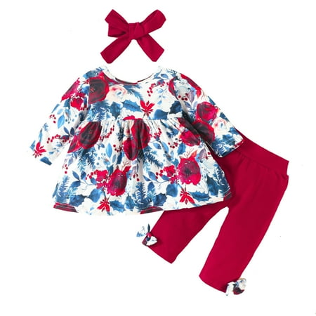 

Girls Child Long Sleeve Flowers Prints Tops Skirts Bow Tie Pants Headband Outifits