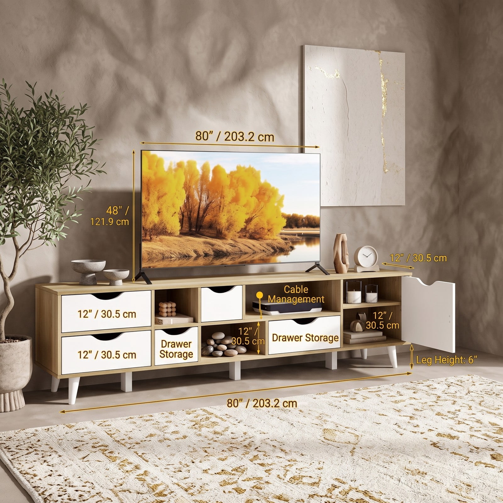 Furnibear TV Stand for TVs up to 65 Inch, Wood Entertainment Center Media Console with 5 Drawers and 3 Open Shelves, Adjustable Storage Cabinet for Living Room, Oak