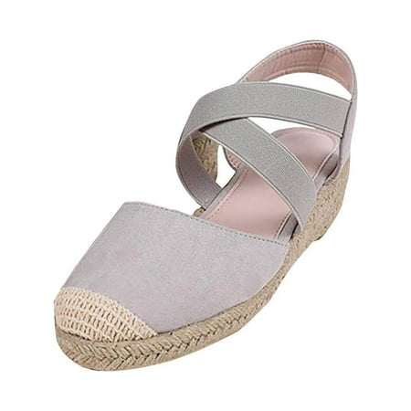CHOII 50% Clearance Women s Ladies Cross Elastic Belt Wedges Heel Sandals Footwear Beach Shoes Fish Mouth Sandals Ankle Strap Sandals Comfort Sandals Gray/6.5