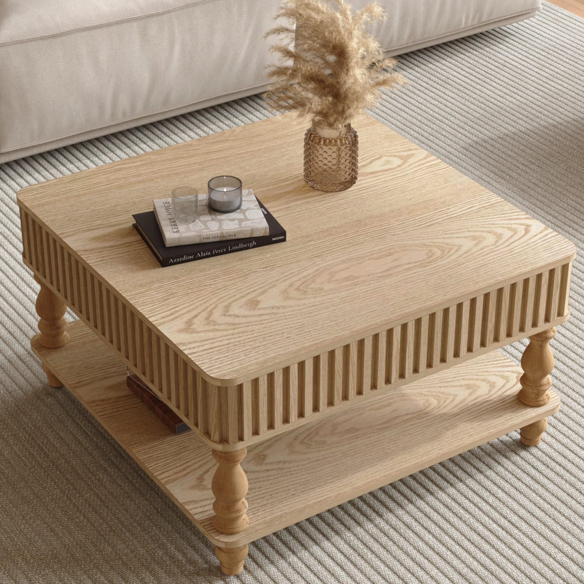 31.5" Square Lift Top Coffee Table with Hidden Storage, Hydraulic Rising Wood Center Table with Open Shelf, Fluted Design, Tool-Free Assembly for Living Room, NaturalWood