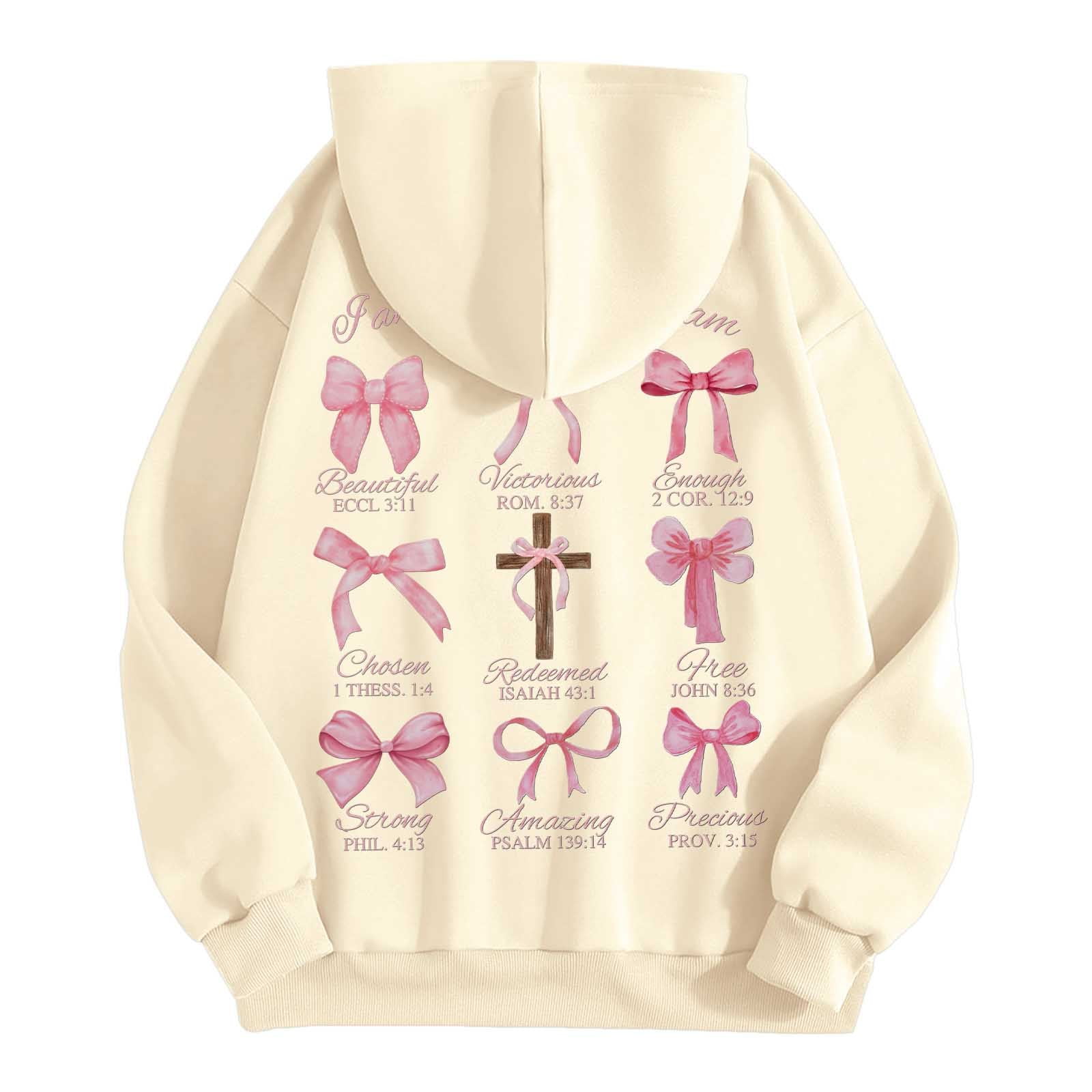 XIAOCHA Womens Hoodies Long Sleeve Cross Pink Bows Print Hooded Sweatshirts Loose Fit Kangaroo Pocket Drawstring Pullover Hooded