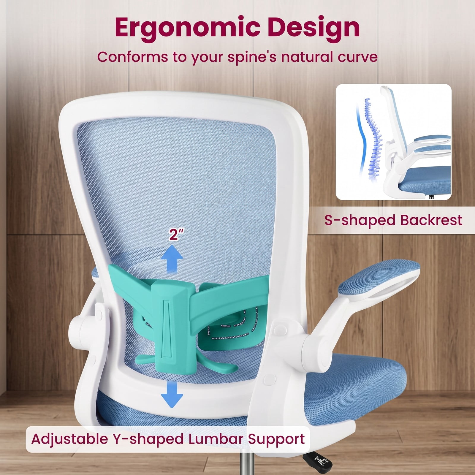 Furnibear Height Adjustable Drafting Chair with Flip-Up Arms for Home Office, Ergonomic Mesh Back Rolling Task Chair with Foot Ring and Lumbar Support, 360, Blue