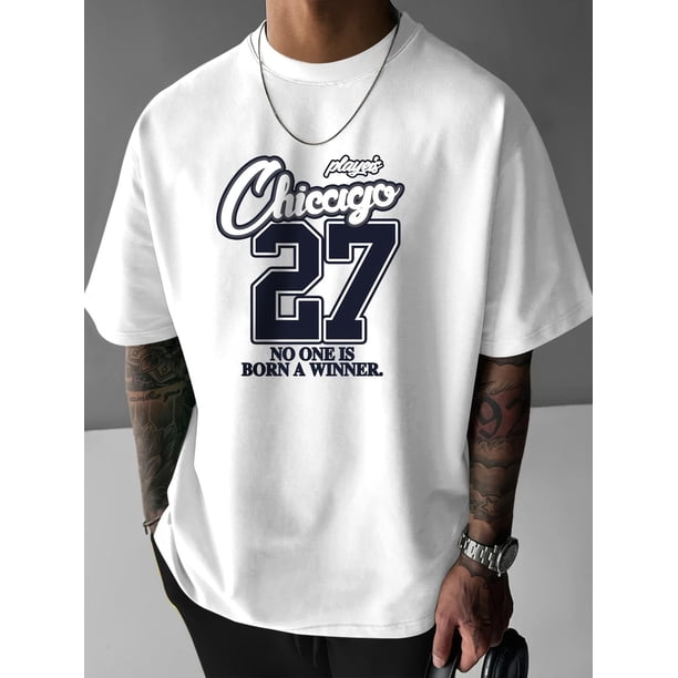 Camiseta de manga corta con cuello redondo y estampado "CHICAGO 27" para hombre, estilo urbano, ideal para verano y primavera. Ideal para adultos, hombres, mujeres, adolescentes, jóvenes y uso informa