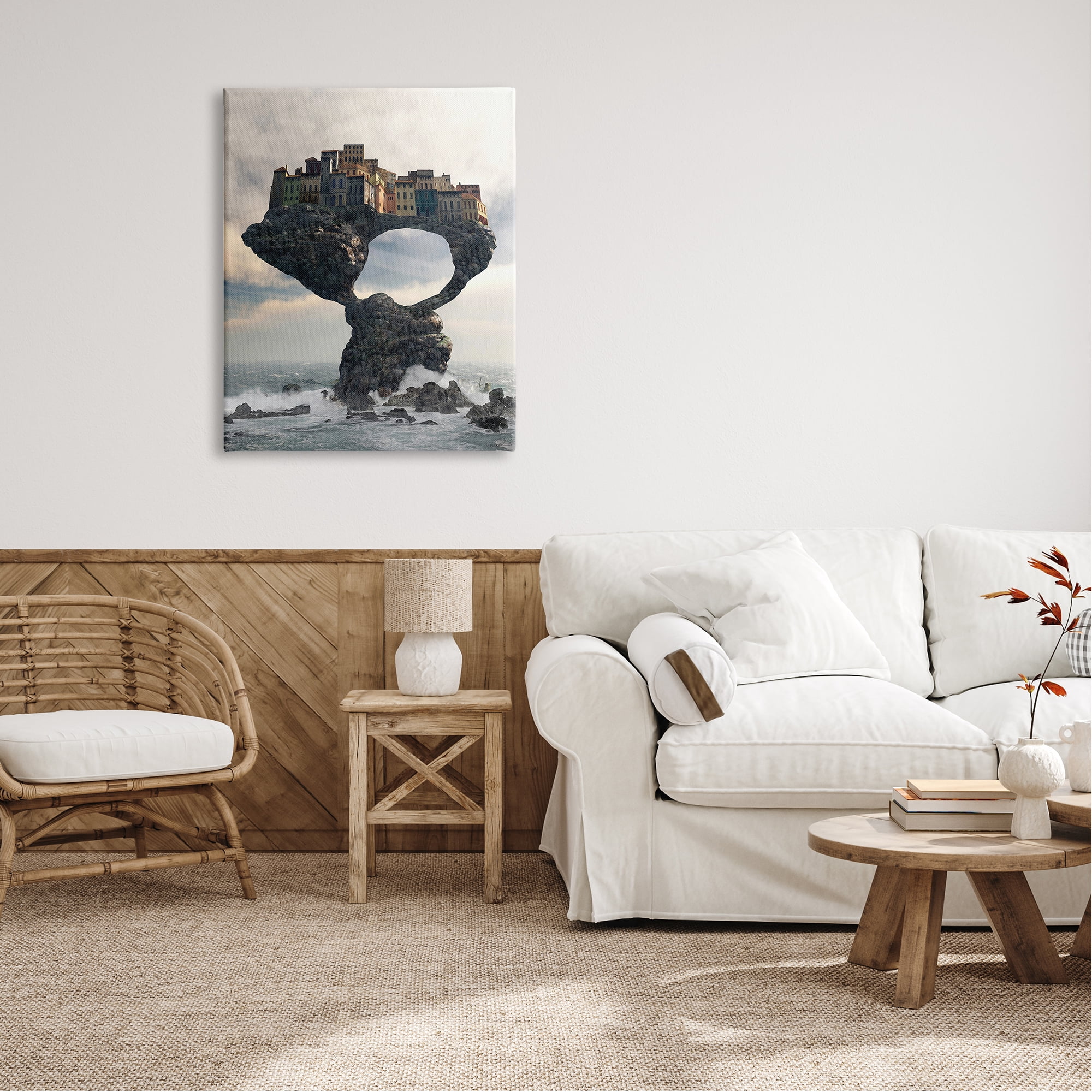 Stupell Industries Surreal City Atop Rocks Cliff Sea Waves Splashing Canvas Wall Art, 30 x 40, Design by Cynthia Decker