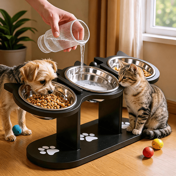 15° Tilted Elevated Pet Feeding Stand, Anti-Spill Black Wooden Foldable Bowl Holder with Stainless Steel Bowls & Slow Feeder Dish, Ergonomic Raised Feeder for Small Medium Large Dogs & Cats