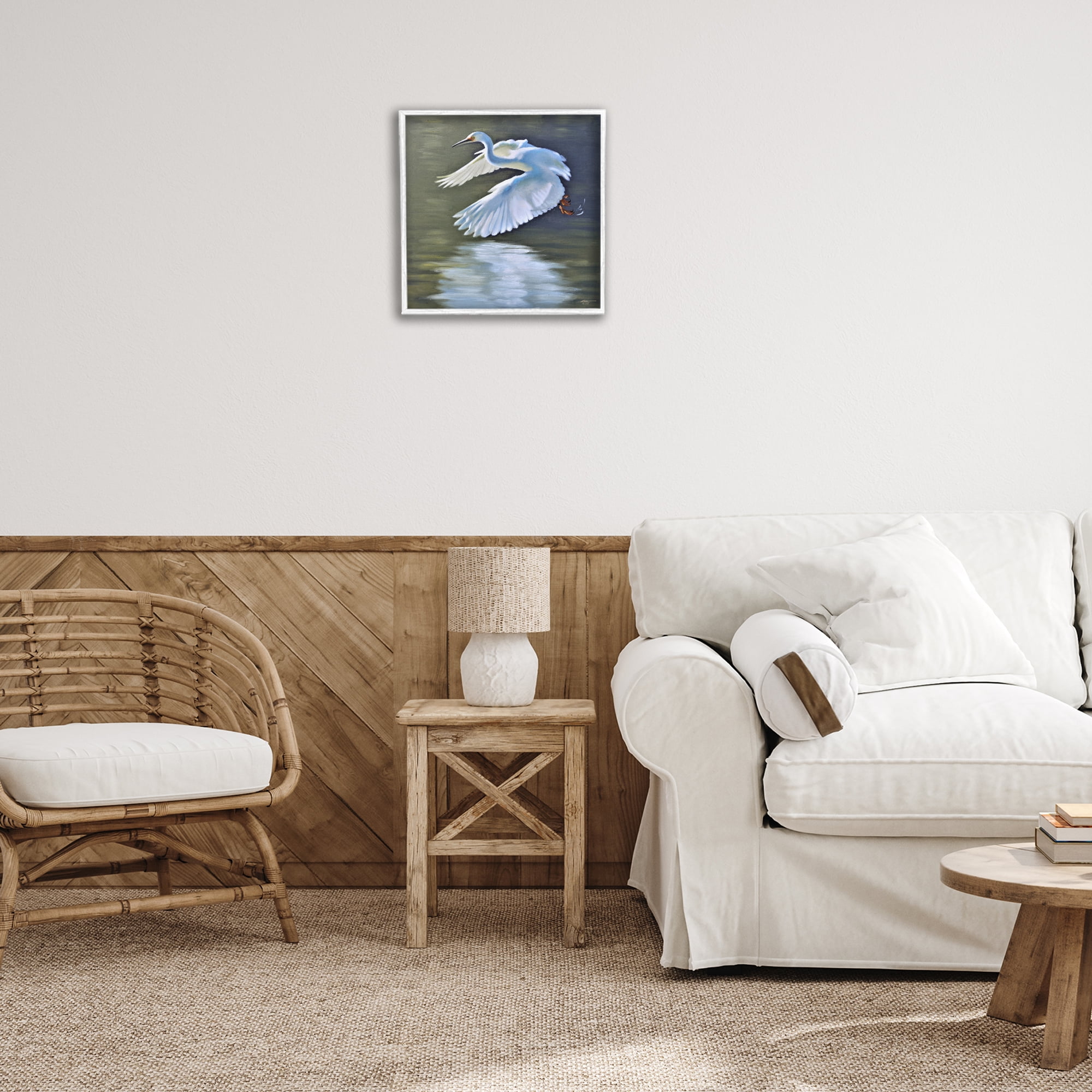 Stupell Industries Egret Flying Lake Surface Animals & Insects Painting White Framed Art Print Wall Art, 17 x 17