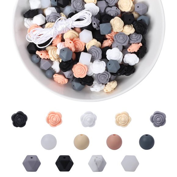 200Pcs DIY Necklace Bracelet Beads Set Silicone Beads for Handmade Crafts Bracelet Jewelry with 5M Rope