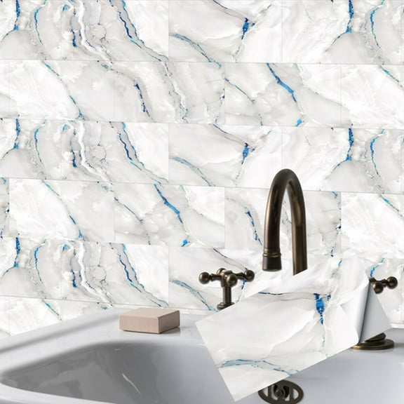 12 Piece Blue Gray Marbling Tiles Wall Stickers Decals Kitchen Backsplash 12"x6" Mosaic Self Adhesive Waterproof Vinyl Peel and Stick Tile Decor