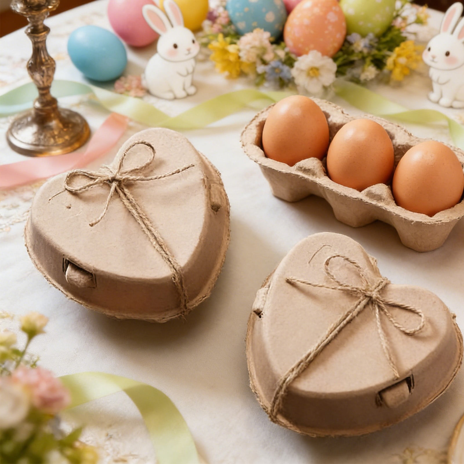 XINGXIANG Easter Heart Shaped Eggs Cartons, Heart Shaped Paper Pulp Egg Container with Jute Rope for Easter Home