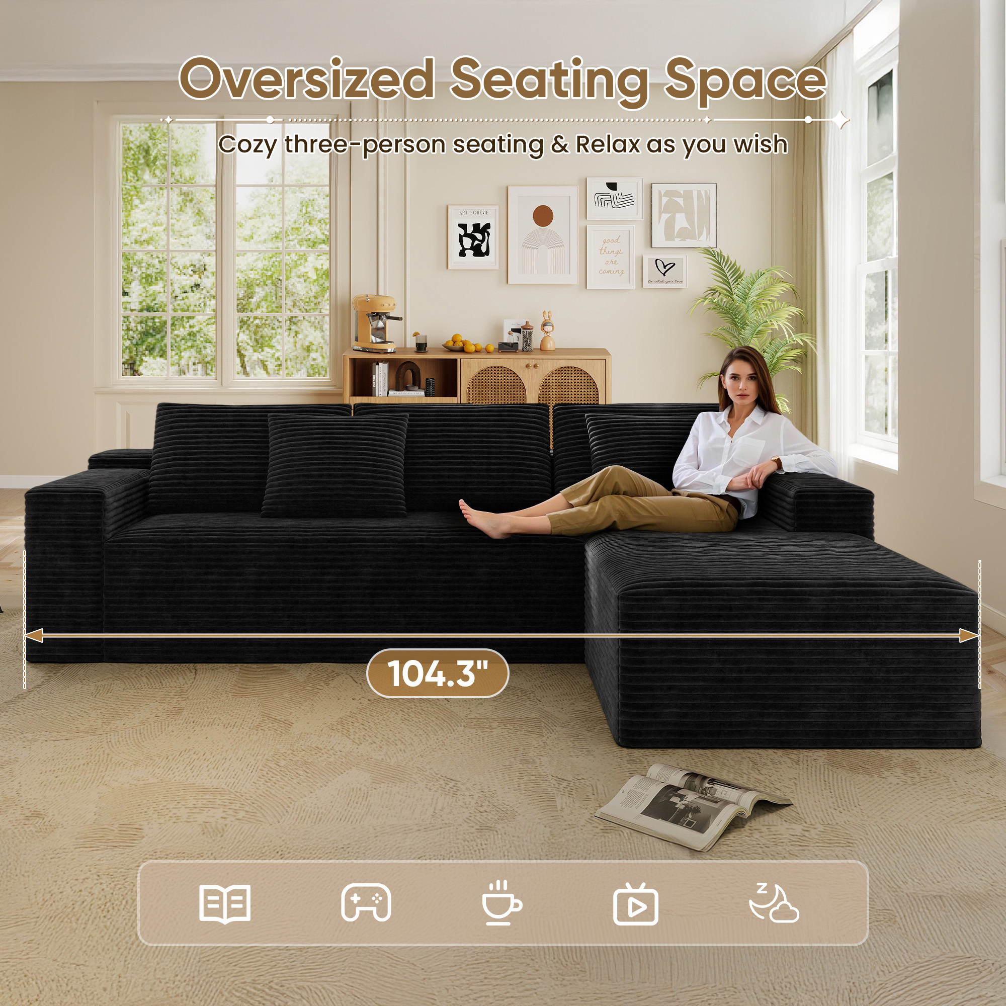 Lunale 104" Cloud Sectional Sofa with Right Chaise, Oversized Modular L-Shaped Couch, Plush Corduroy Sleeper Couch for Living Room, No Assembly Required, Black