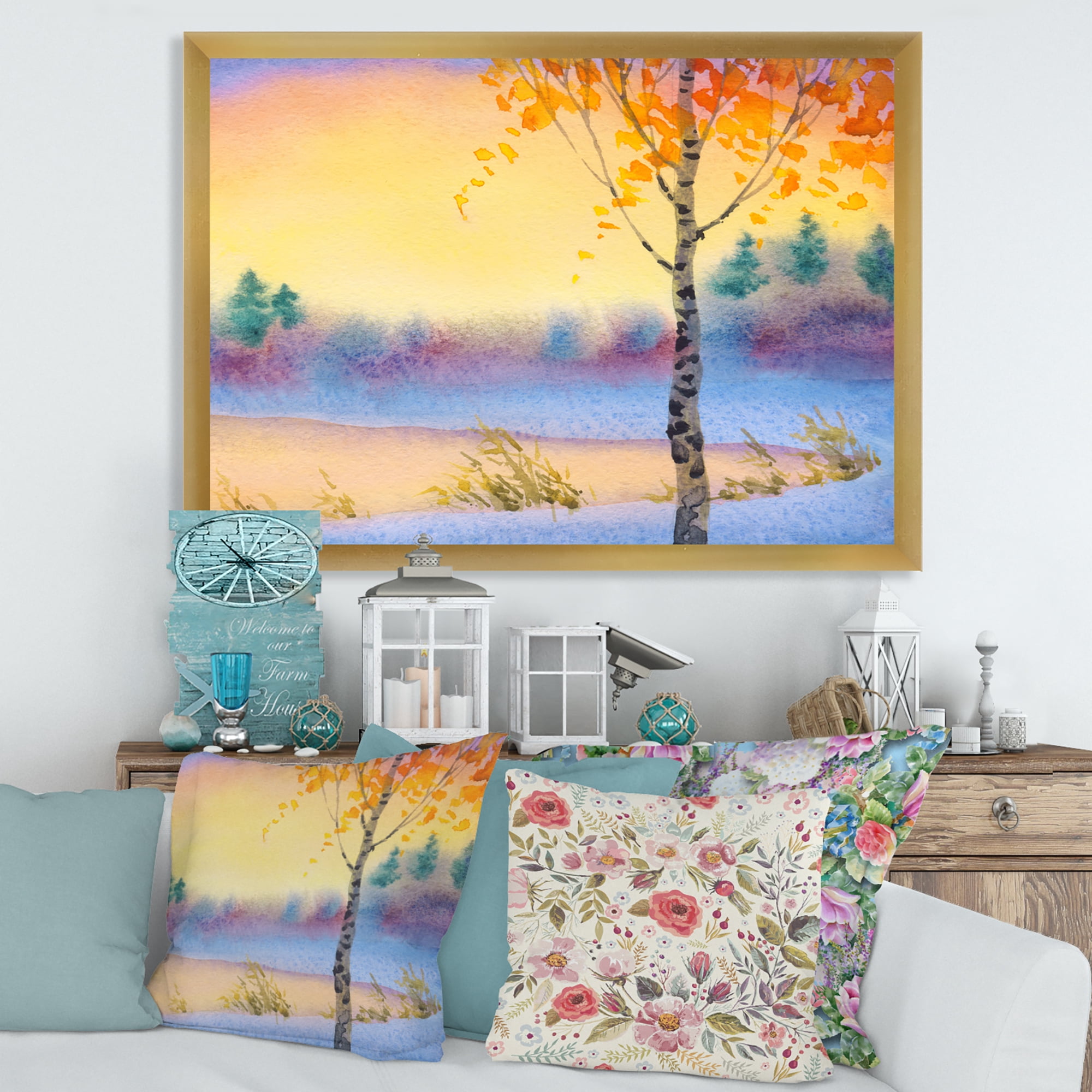 Designart 'Evening Sky Over Lake Winter Landscape' Traditional Framed Art Print