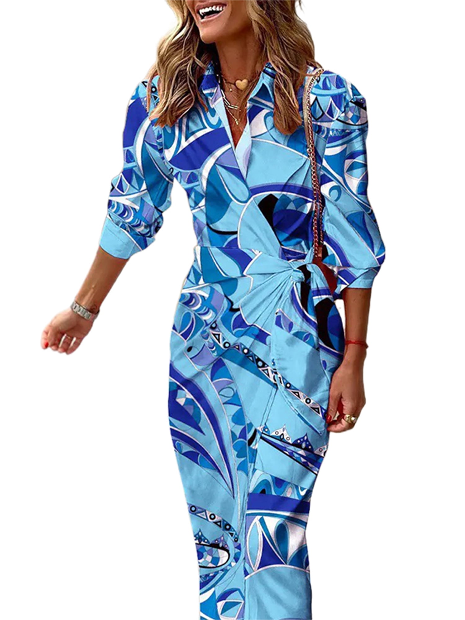 Sexy Dance Robes pour Femmes Imprimé Floral Été Plage Robe d'Été Géométrique Longue Robe Col en V Manche 7 Bleu Pâle 3TG