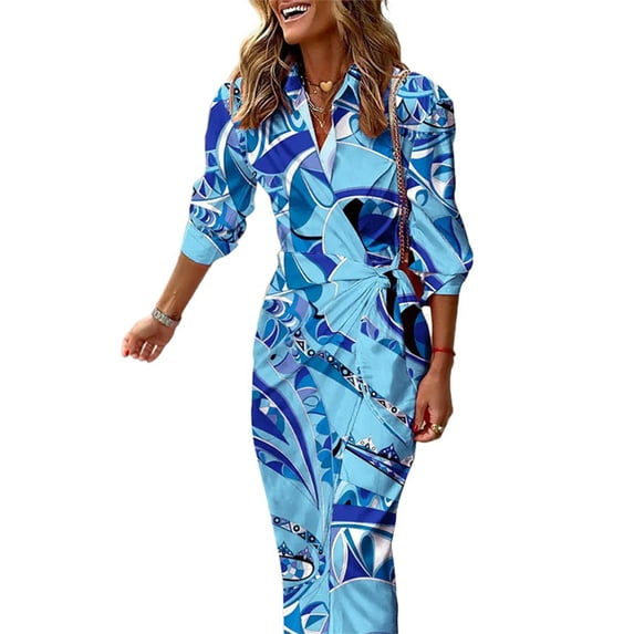 Frontwalk Ladies Casual Lace Up Dresses Lapel V Neck Long Dress Women Geometric Holiday Beach Sundress 7 Light Blue L