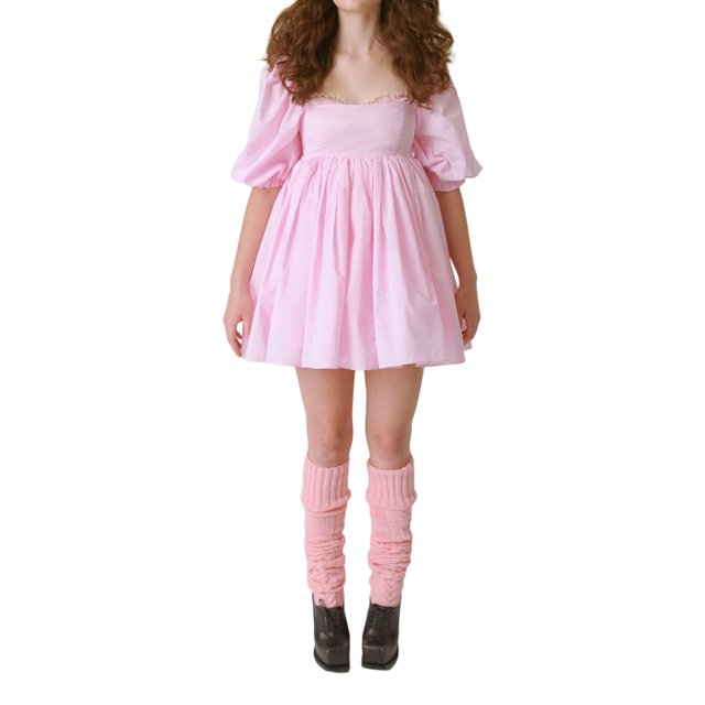 VISgogo Vestido corto femenino, cuello cuadrado de color sólido, manga corta abullonada, corte bajo, de una pieza para verano, rosa/amarillo, S/M/L/XL/XXL VISgogo moda
