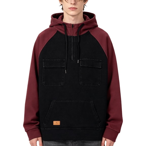 RAOENJADO Mens Hoodie American Retro Quarter Zip Sweatshirt with Large Front Pocket