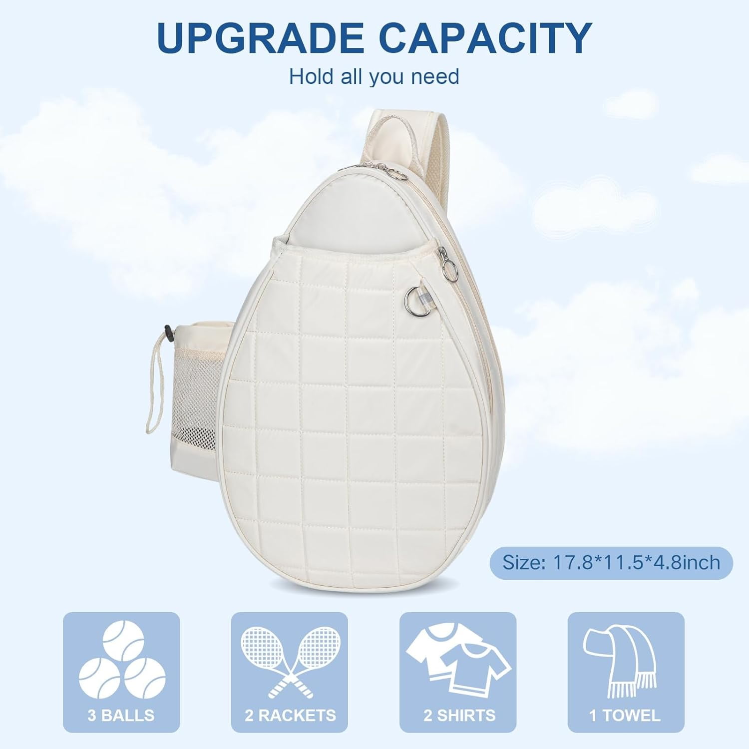 Quilted Tennis Backpack for 2 Rackets, Slim & Lightweight Waterproof Sling Bag for Tennis, Pickleball, Padel, Crossbody Sport Bag for Men & Women