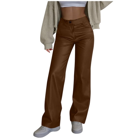 Lenpel Women's PU Leather Pants Loose Elastic High Waisted Straight Leg Pants Streetwear Casual Trousers with Pockets(Brown,X-Large)