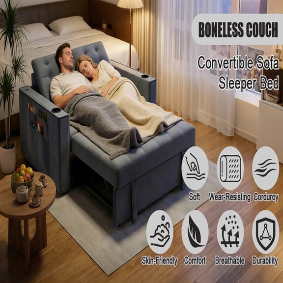 Xinwanna 3 in 1 Convertible Sleeper Sofa Bed, Modern Velvet Loveseat Pull-Out Couch w/Pullout Bed, Small Love Seat Lounge Sofa w/Reclining Backrest, Pillows, Pockets, for Living Room (Grey)