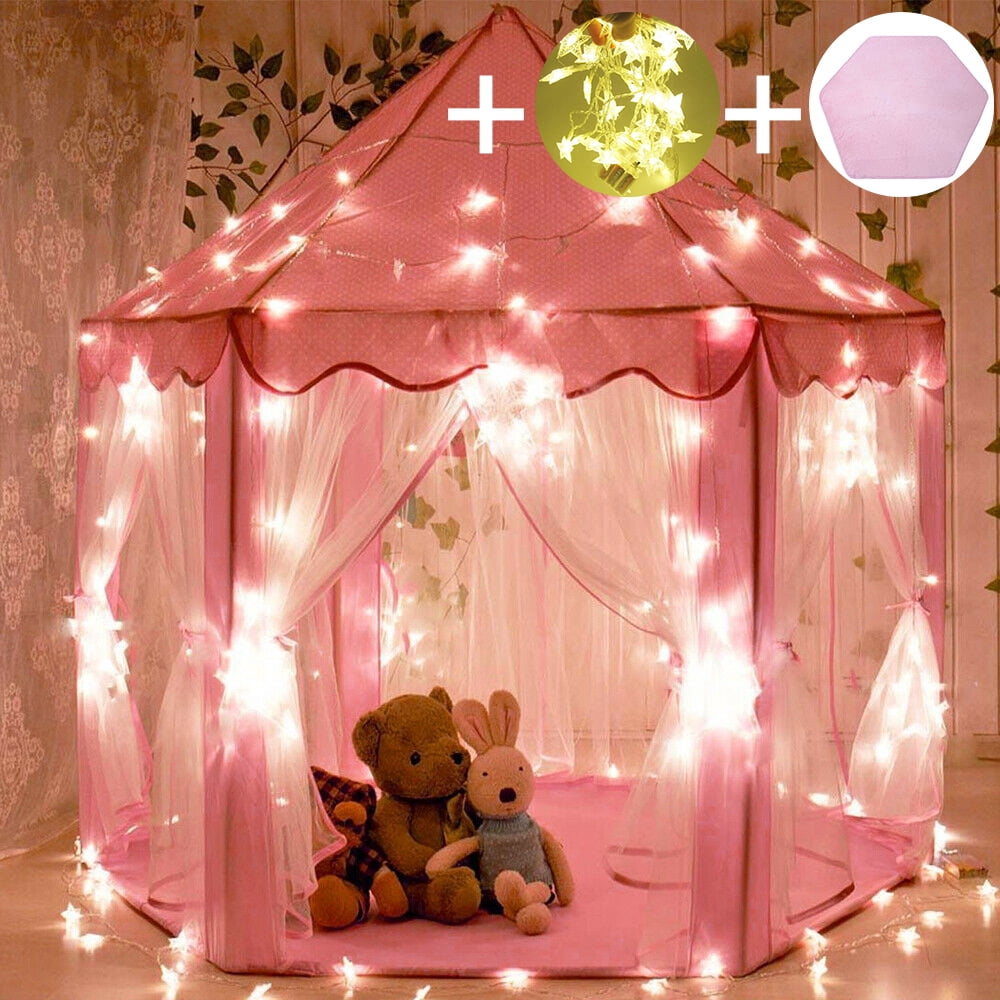 Princess Castle Play Tent Girls Kids Large Playhouse Toy Pink + Rug + Star Light