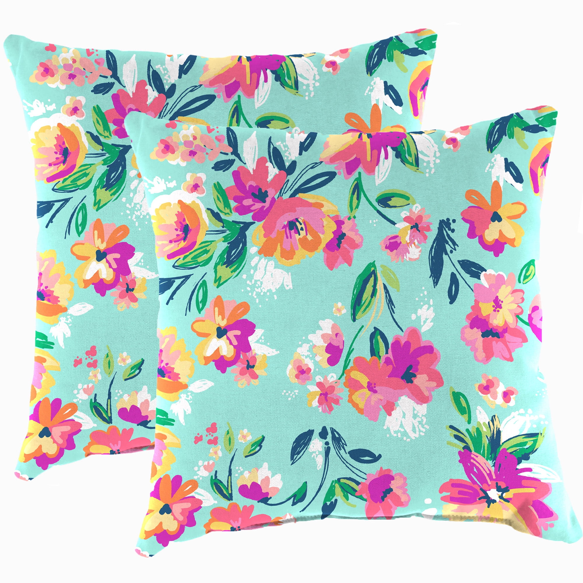 Jordan Manufacturing 17" x 17" Camryn Vibrant Aqua Floral Square Outdoor Throw Pillow (4 Pack)