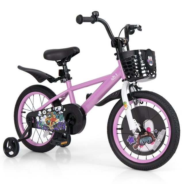 Gymax 16'' Kid's Bike for 4-7 with height-adjustable handlebar and saddle, shown in purple with black accents. This kids' bike features dual brakes, removable training wheels for stability, a fully enclosed chain guard, and a front basket. Designed with wear-resistant rubber tires, reflectors, and fenders for safe riding on various terrains.