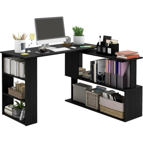 BOBOKY L Shaped Desk, Corner Computer Desk, 360 Degree Rotating Home Office Desk with Storage Shelves, Writing Table Workstation,Black