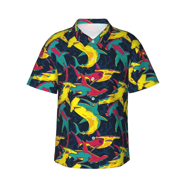Balery Colorful Sharks Camisas hawaianas de manga corta para hombre, camisas playeras de corte holgado, camisas de vacaciones con botones,X-Large