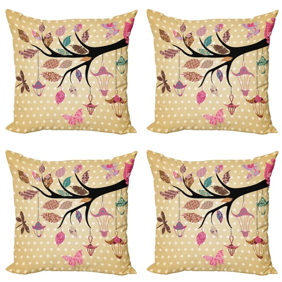 Ambesonne Floral Throw Pillow Cover 4 Pack, Vintage Boho Tree, 24", Multicolor