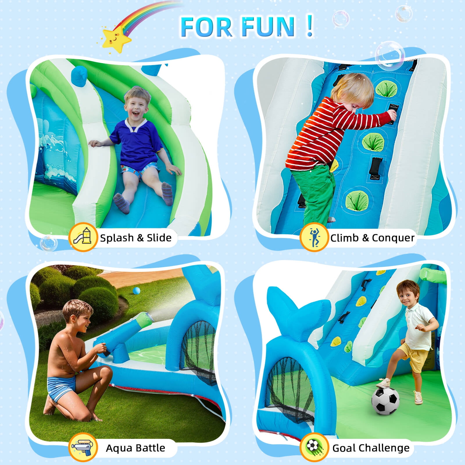 EROMMY Inflatable Water Slide, 6-in-1 Whale Outdoor Bounce House for Kids Aged 3-10 with Water Cannon, Climbing Wall, Basketball Hoop, Soccer Goal, Storage Bag, 480W Blower