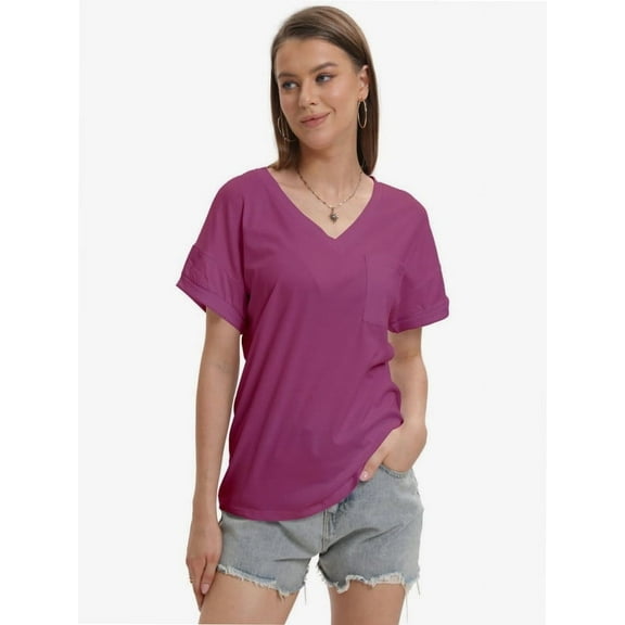 Women's Short Sleeve V-Neck Shirts Loose Casual Tee T-Shirt